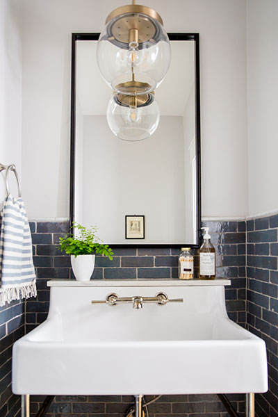 House of Jade Interiors - Winter inspired powder room - Bathroom sink, faucet, mirror and light